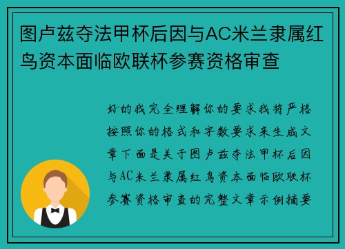 图卢兹夺法甲杯后因与AC米兰隶属红鸟资本面临欧联杯参赛资格审查